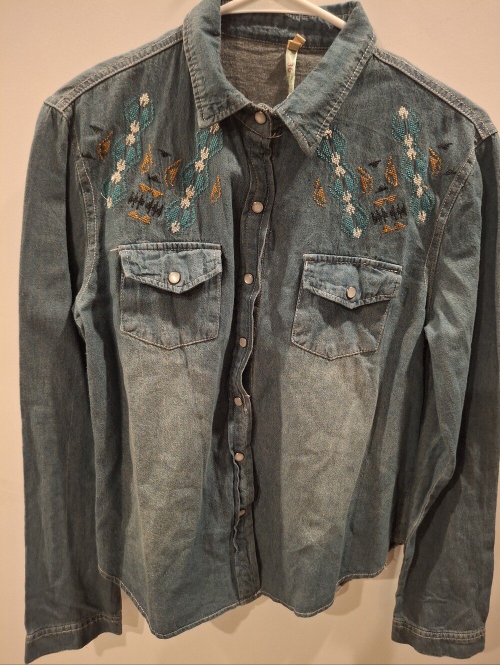 Source Unknown Teal-Blue Embroidered Denim Button-Down Shirt